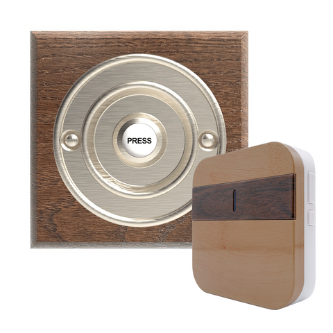 Traditional Wireless Doorbell - Vintage Style Square Tudor Oak Wooden Plinth and Brushed Nickel Door Bell Push