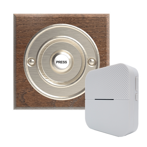 Traditional Wireless Doorbell - Vintage Style Square Tudor Oak Wooden Plinth and Brushed Nickel Door Bell Push