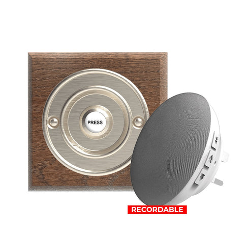 Traditional Wireless Doorbell - Vintage Style Square Tudor Oak Wooden Plinth and Brushed Nickel Door Bell Push