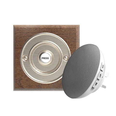 Traditional Wireless Doorbell - Vintage Style Square Tudor Oak Wooden Plinth and Brushed Nickel Door Bell Push