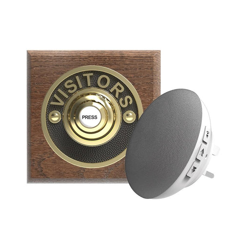 Traditional Wireless Doorbell - Vintage Style Square Tudor Oak Wooden Plinth and VISITORS Brass Door Bell Push