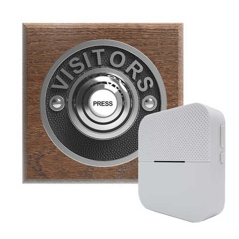 Traditional Wireless Doorbell - Vintage Style Square Tudor Oak Wooden Plinth and VISITORS Chrome Door Bell Push