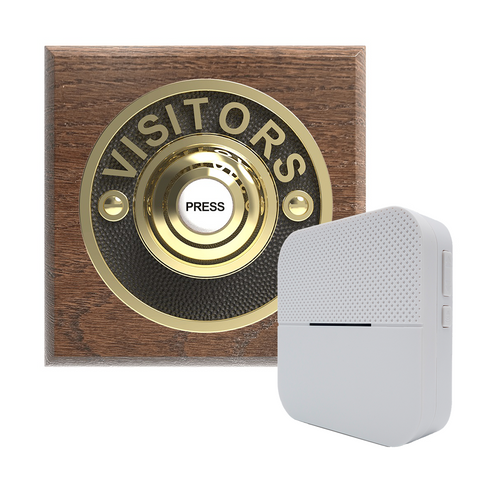 Traditional Wireless Doorbell - Vintage Style Square Tudor Oak Wooden Plinth and VISITORS Brass Door Bell Push