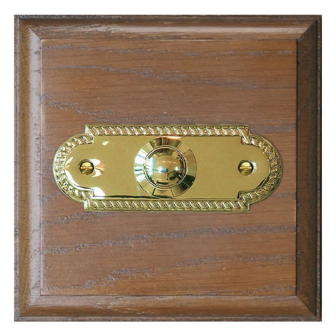 Tudor Oak Plinth varnished, 120mm square, with rectangular Brass wired doorbell Push button