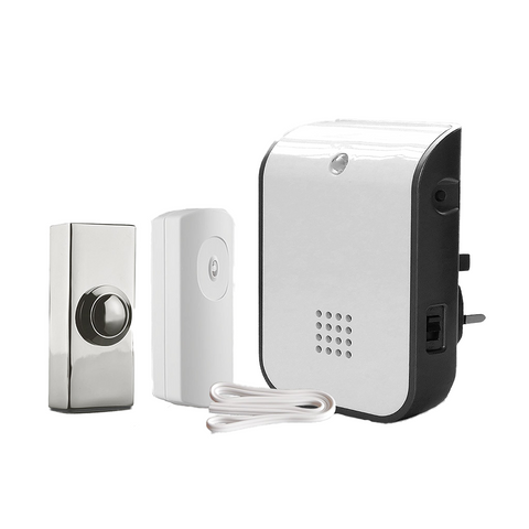 150m Plug-in Wireless Doorbell with Wired to Wirefree Extender and Chrome Push