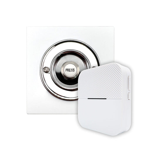 Modern Wireless Doorbell - Stylish White Square Perspex Plinth and Chrome Door Bell Push - Porcelain PRESS Button